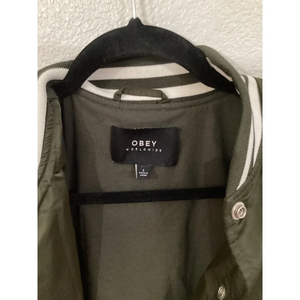Obey Worldwide Olive Green Bomber Jacket Embroidered Cities‎ Roses Womens Small